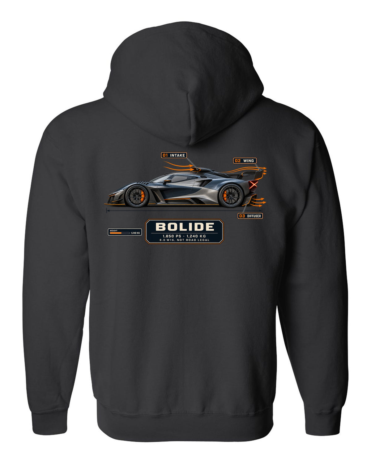 Aero callout cutaway of the Bugatti Bolide track concept, print black zip hoodie back view with the design