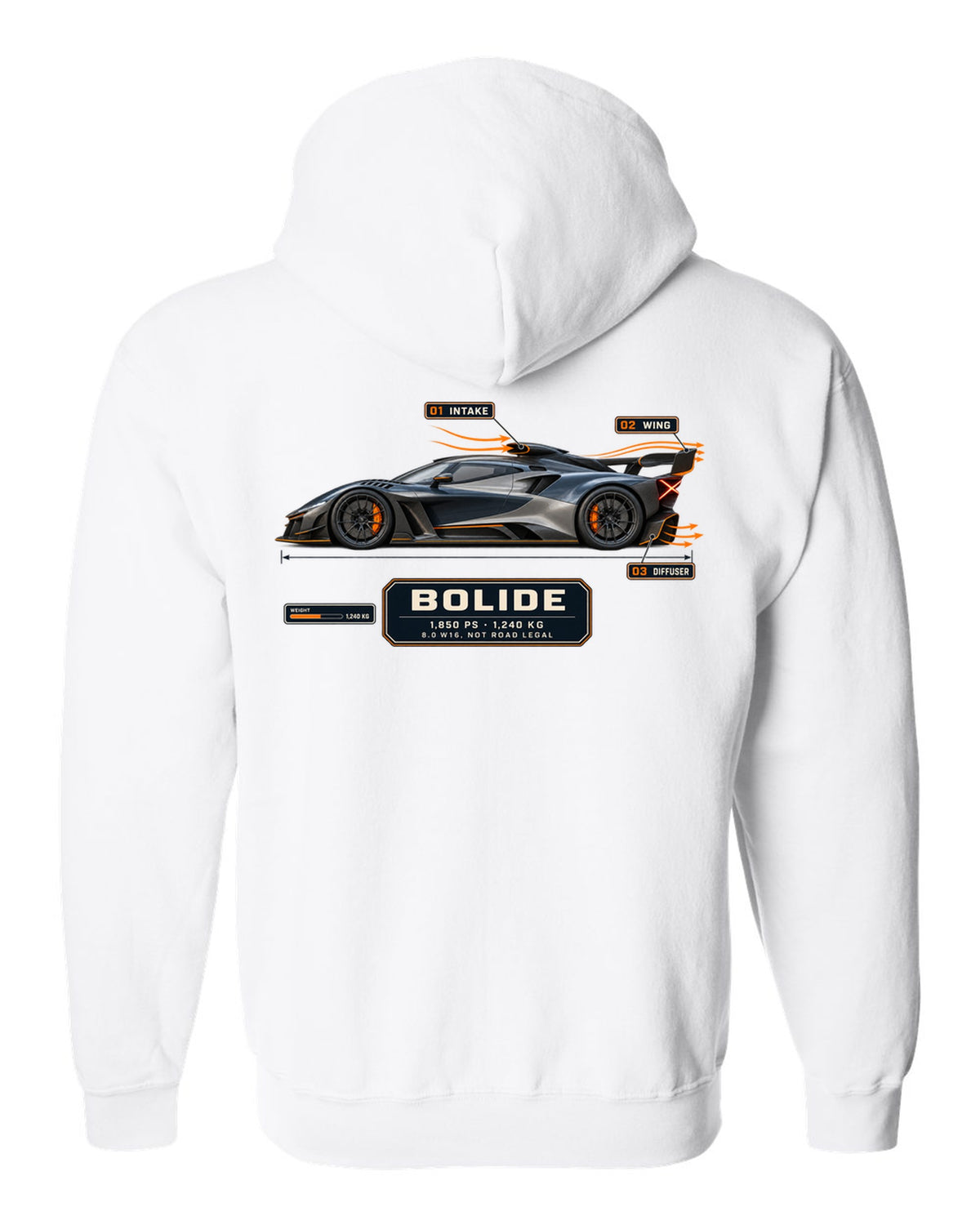 Aero callout cutaway of the Bugatti Bolide track concept, print white zip hoodie back view with the design