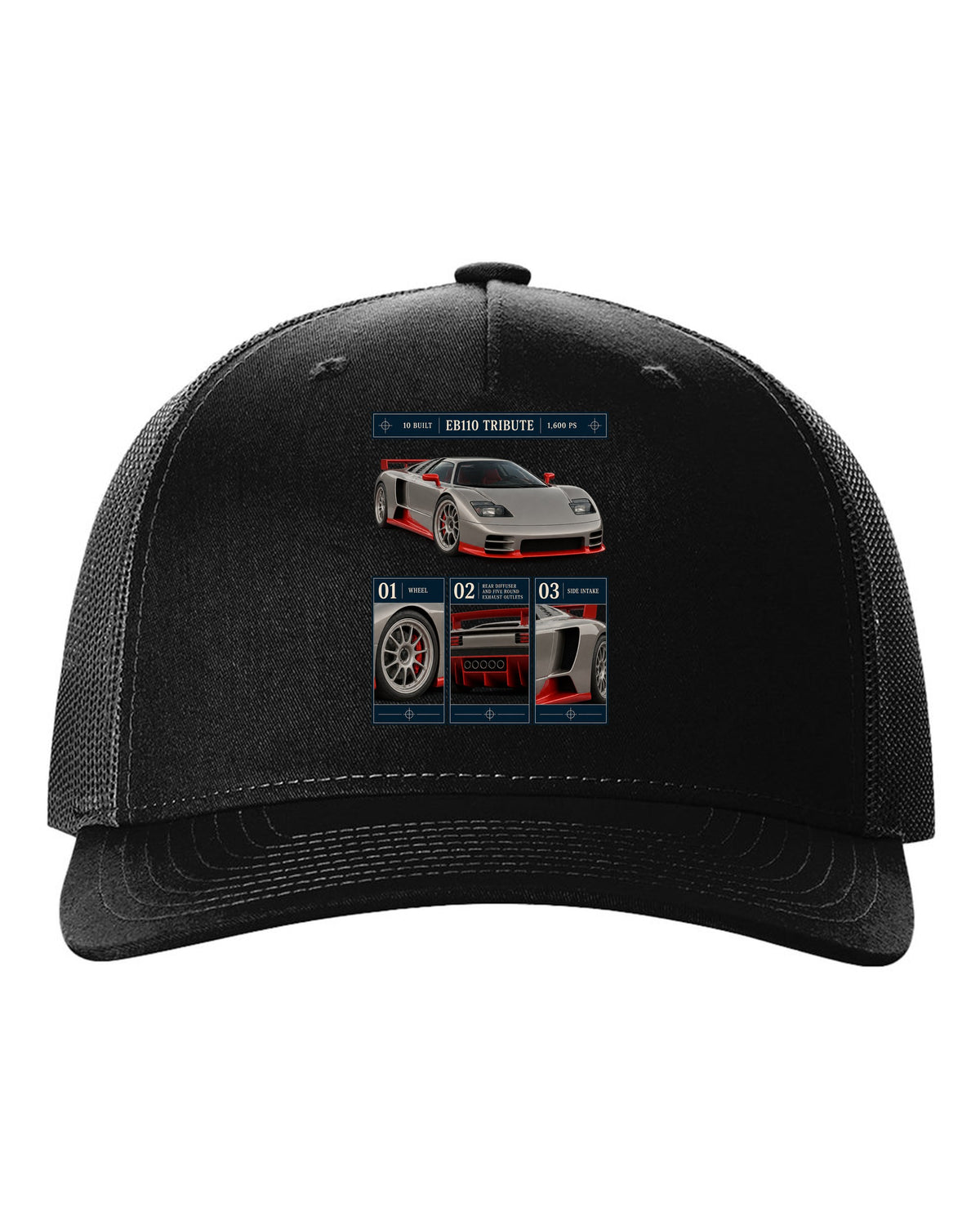 Bugatti Centodieci dossier panel print noting EB110 tribute and 10 built black hat front view with the design
