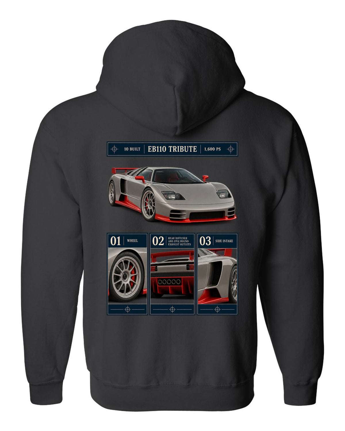 Bugatti Centodieci dossier panel print noting EB110 tribute and 10 built black zip hoodie back view with the design