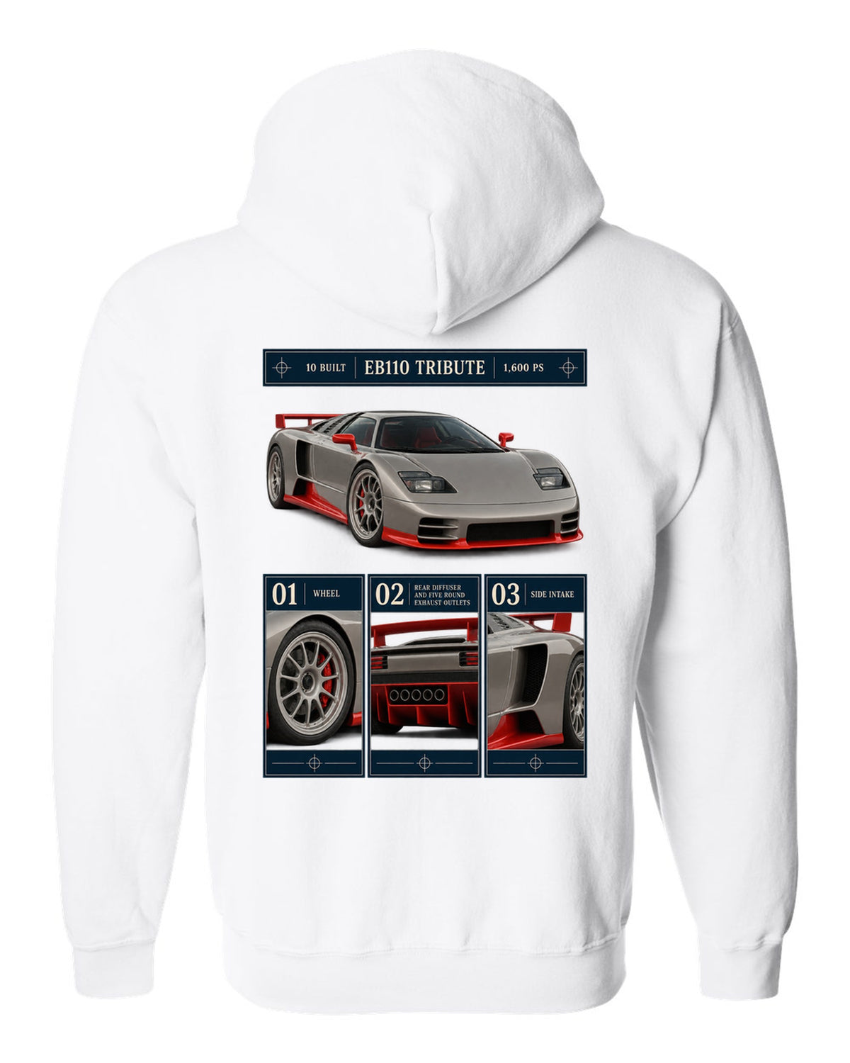 Bugatti Centodieci dossier panel print noting EB110 tribute and 10 built white zip hoodie back view with the design