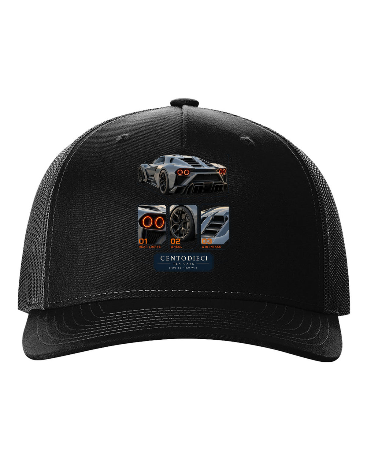 Dossier panel layout of the Bugatti Centodieci with ten-car text, print black hat front view with the design