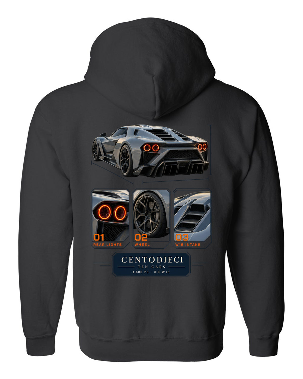 Dossier panel layout of the Bugatti Centodieci with ten-car text, print black zip hoodie back view with the design