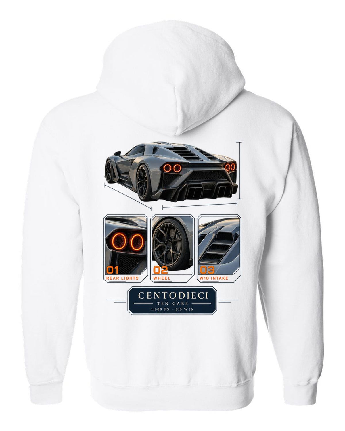 Dossier panel layout of the Bugatti Centodieci with ten-car text, print white zip hoodie back view with the design
