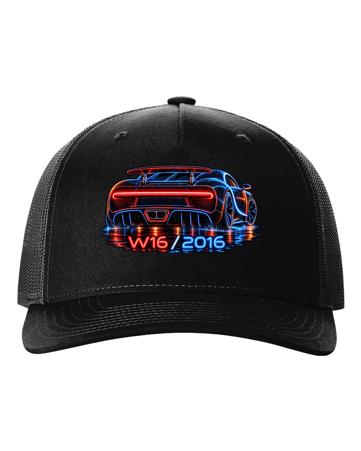 Neon sign style illustration of the Bugatti Chiron rear light bar in rain with W16 2016 lettering black hat front view with the design