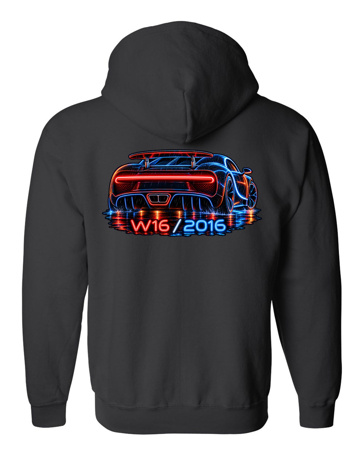 Neon sign style illustration of the Bugatti Chiron rear light bar in rain with W16 2016 lettering black zip hoodie back view with the design