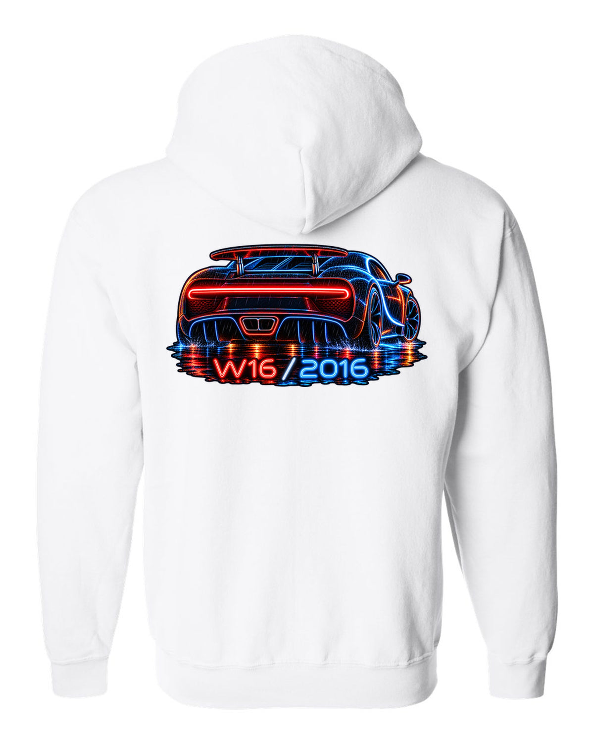Neon sign style illustration of the Bugatti Chiron rear light bar in rain with W16 2016 lettering white zip hoodie back view with the design