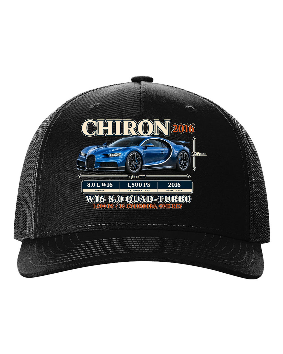 Archive panel print of a steel blue Bugatti Chiron with W16 spec text black hat front view with the design