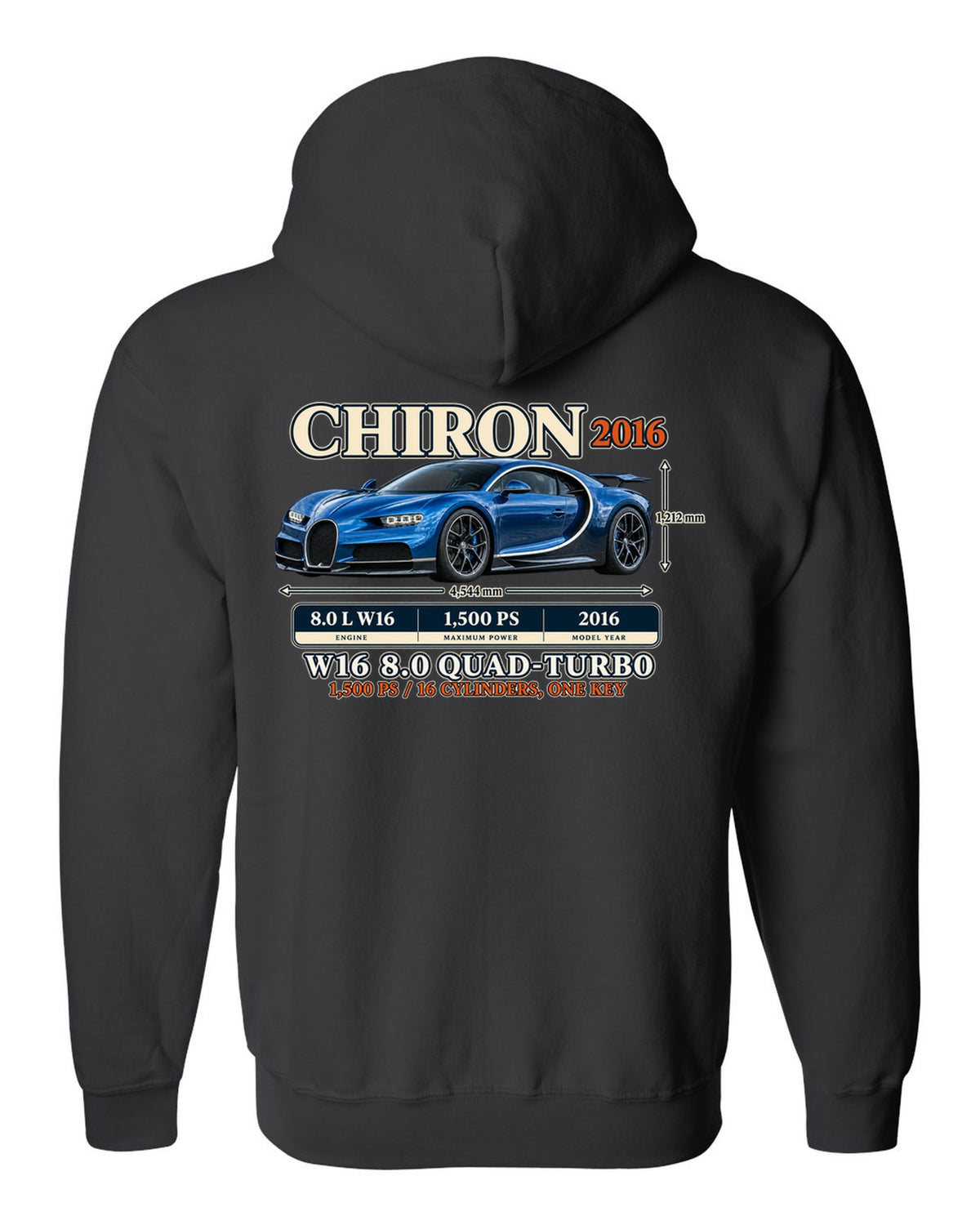Archive panel print of a steel blue Bugatti Chiron with W16 spec text black zip hoodie back view with the design