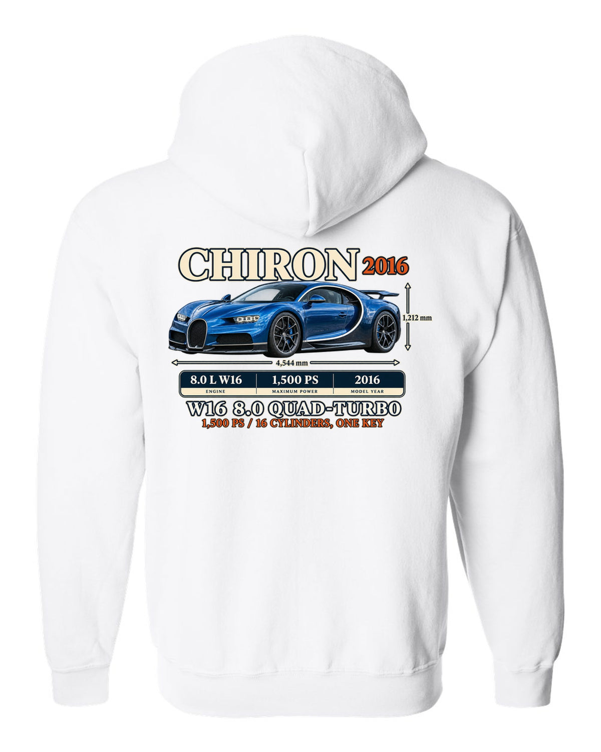 Archive panel print of a steel blue Bugatti Chiron with W16 spec text white zip hoodie back view with the design