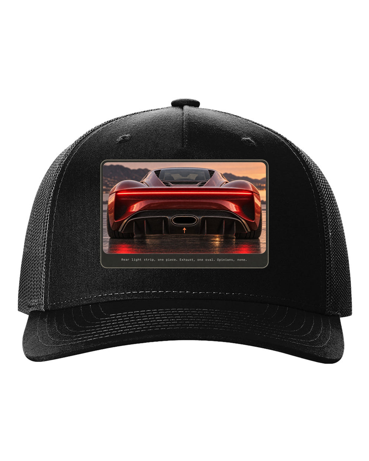 Bugatti Chiron rear light strip and oval exhaust macro print black hat front view with the design