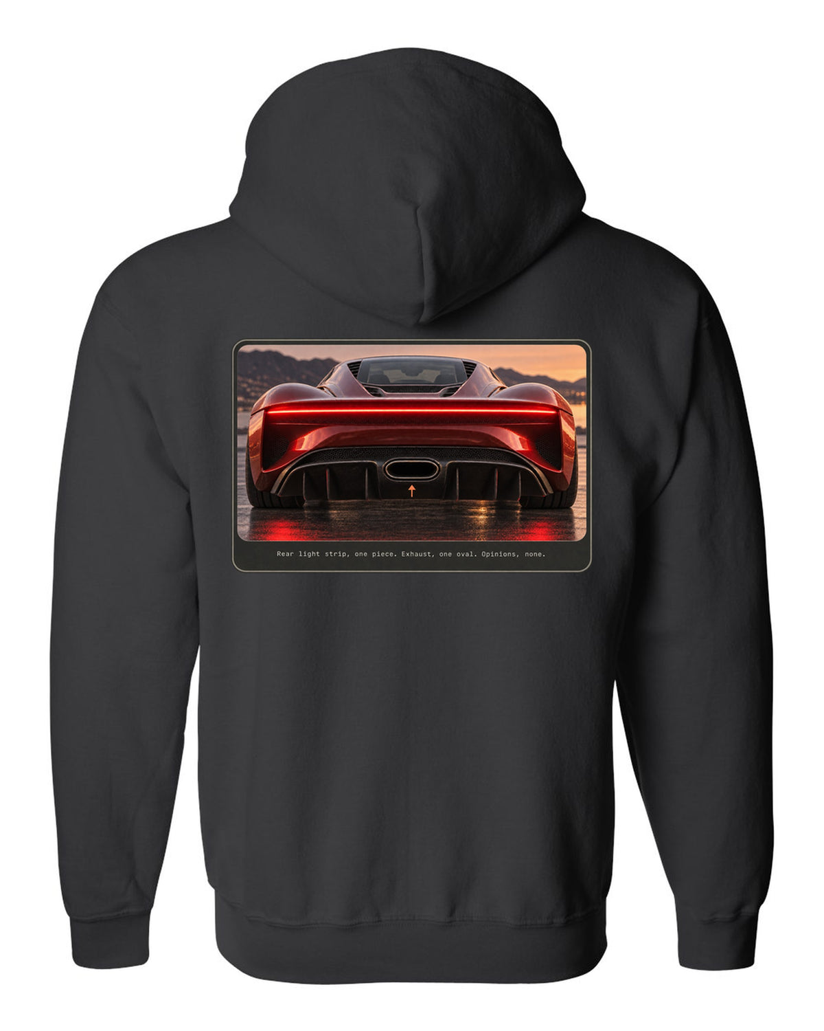 Bugatti Chiron rear light strip and oval exhaust macro print black zip hoodie back view with the design