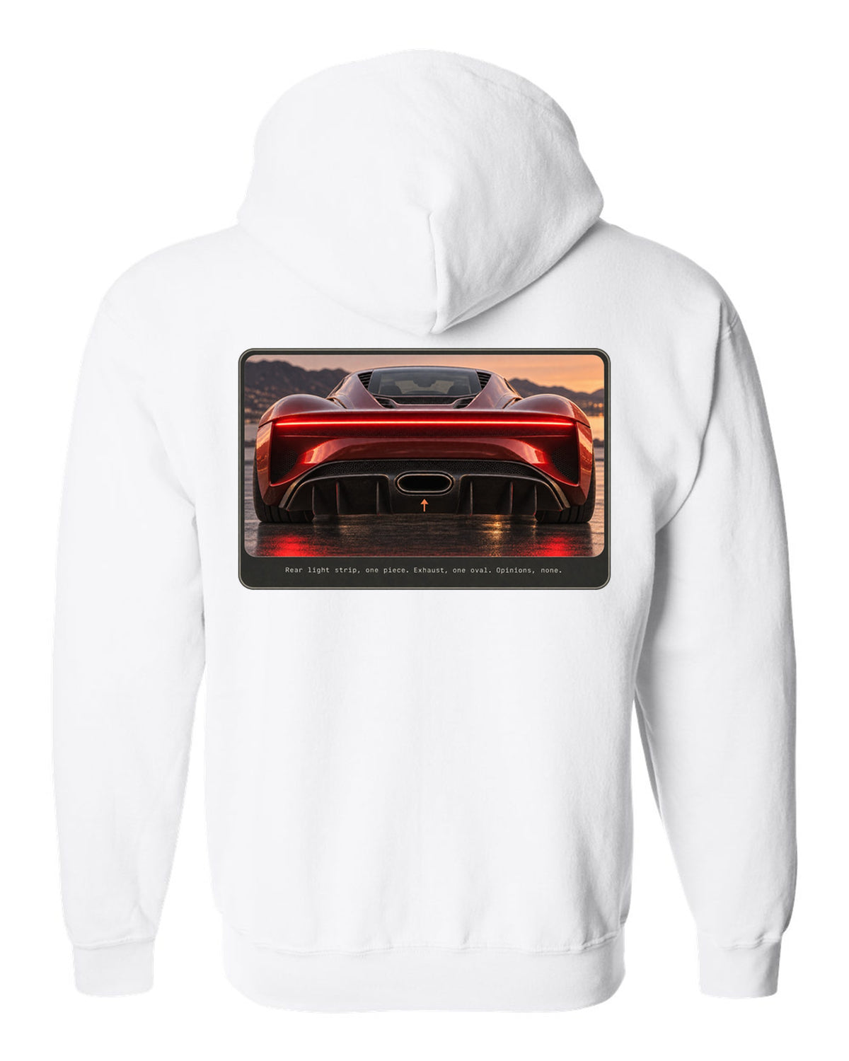 Bugatti Chiron rear light strip and oval exhaust macro print white zip hoodie back view with the design
