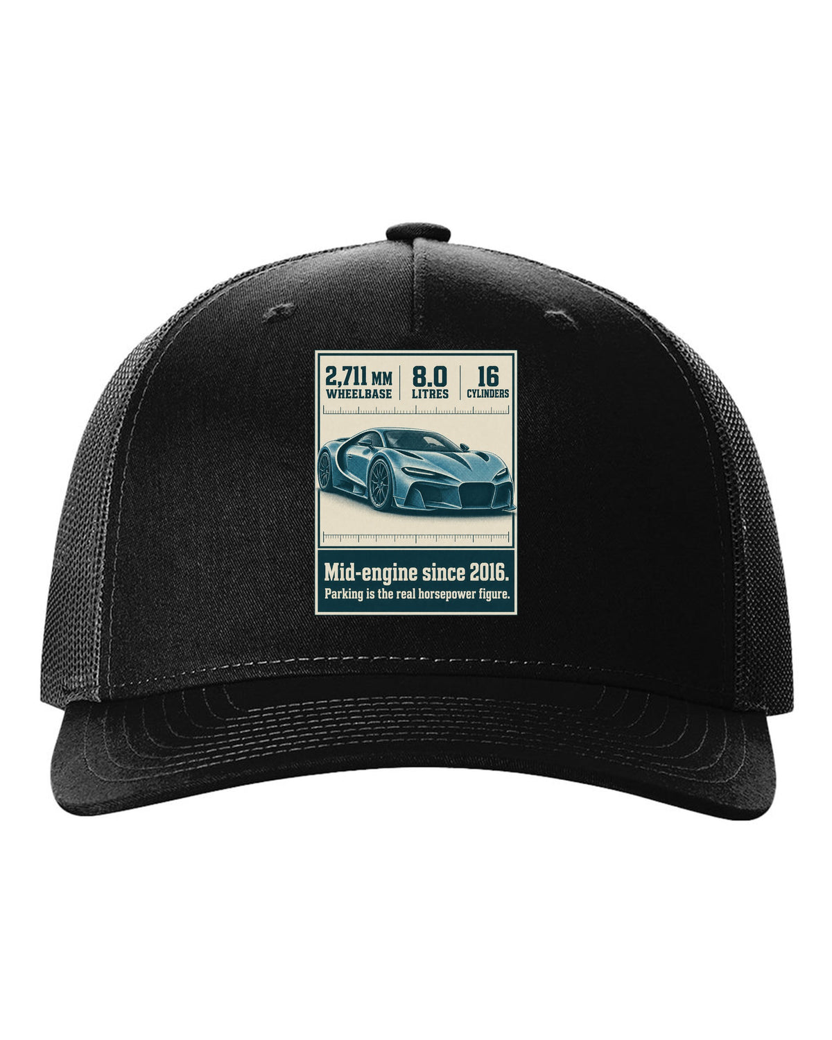 Bugatti Chiron Sport halftone print with wheelbase and engine facts black hat front view with the design