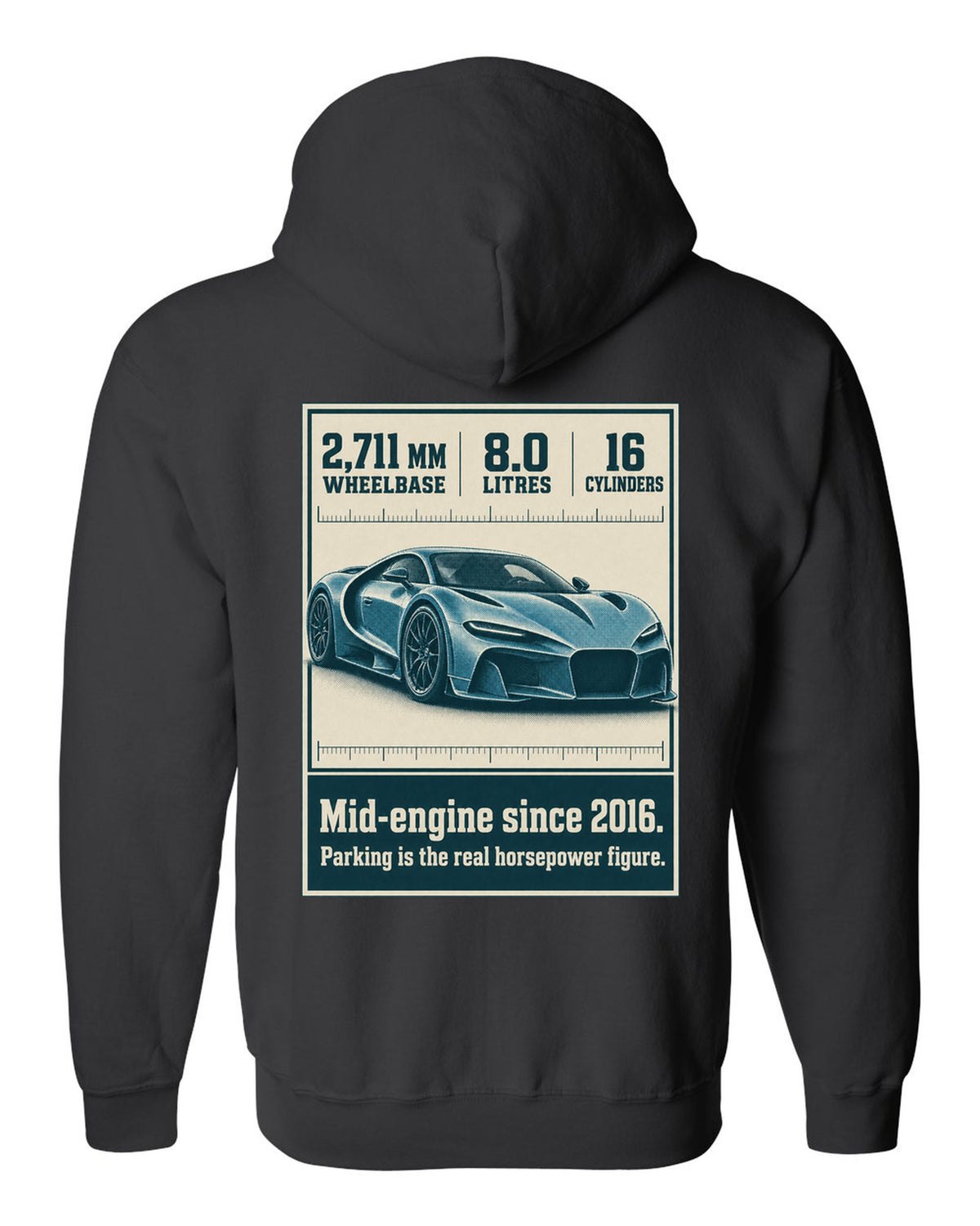 Bugatti Chiron Sport halftone print with wheelbase and engine facts black zip hoodie back view with the design