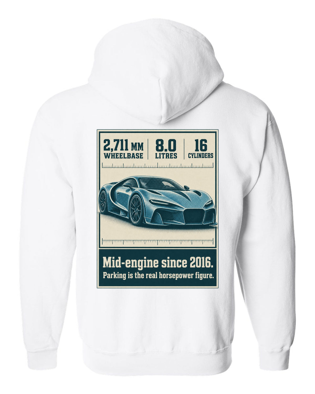 Bugatti Chiron Sport halftone print with wheelbase and engine facts white zip hoodie back view with the design