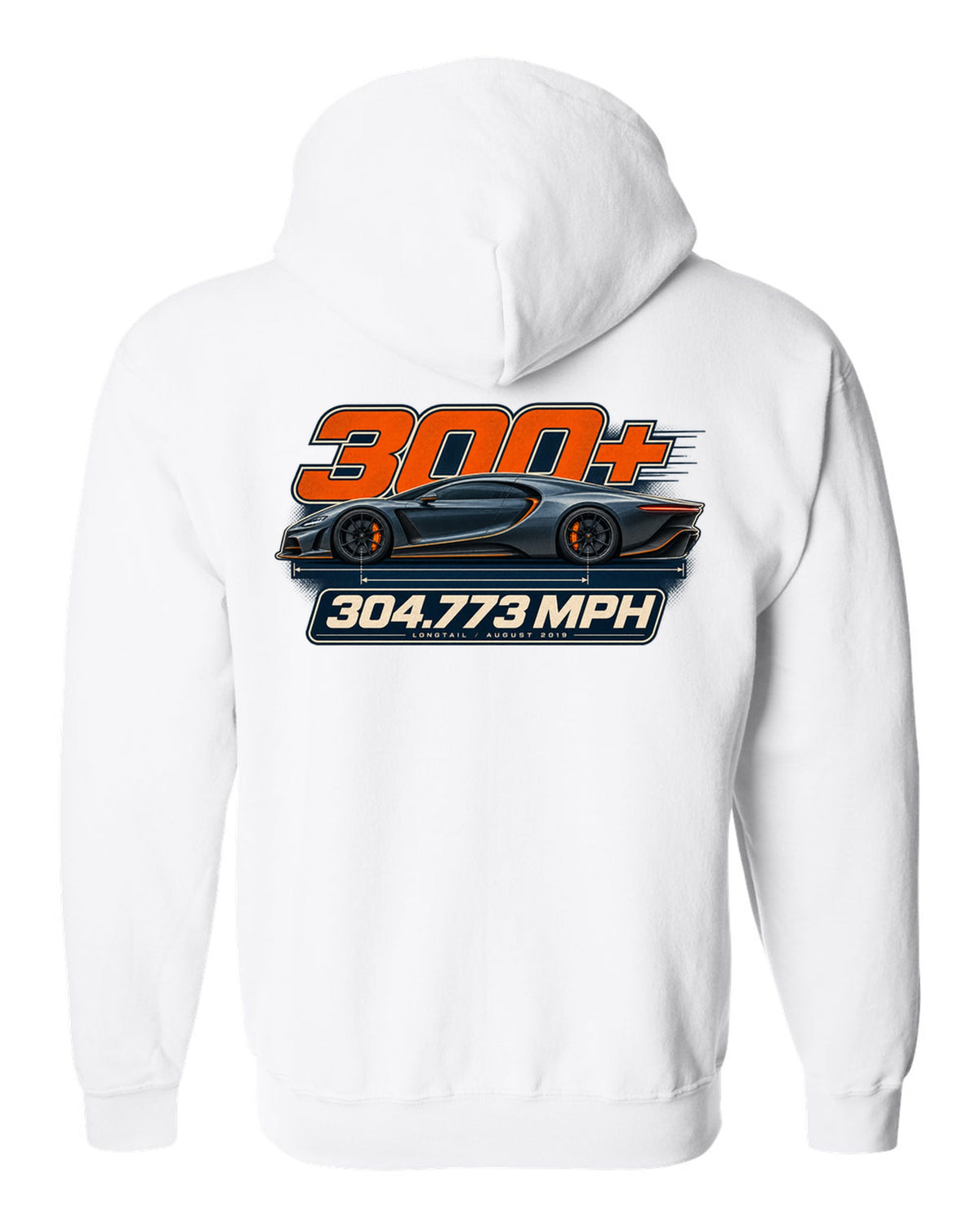 Spec poster of the Bugatti Chiron Super Sport 300+ with 304.773 mph text, print white zip hoodie back view with the design
