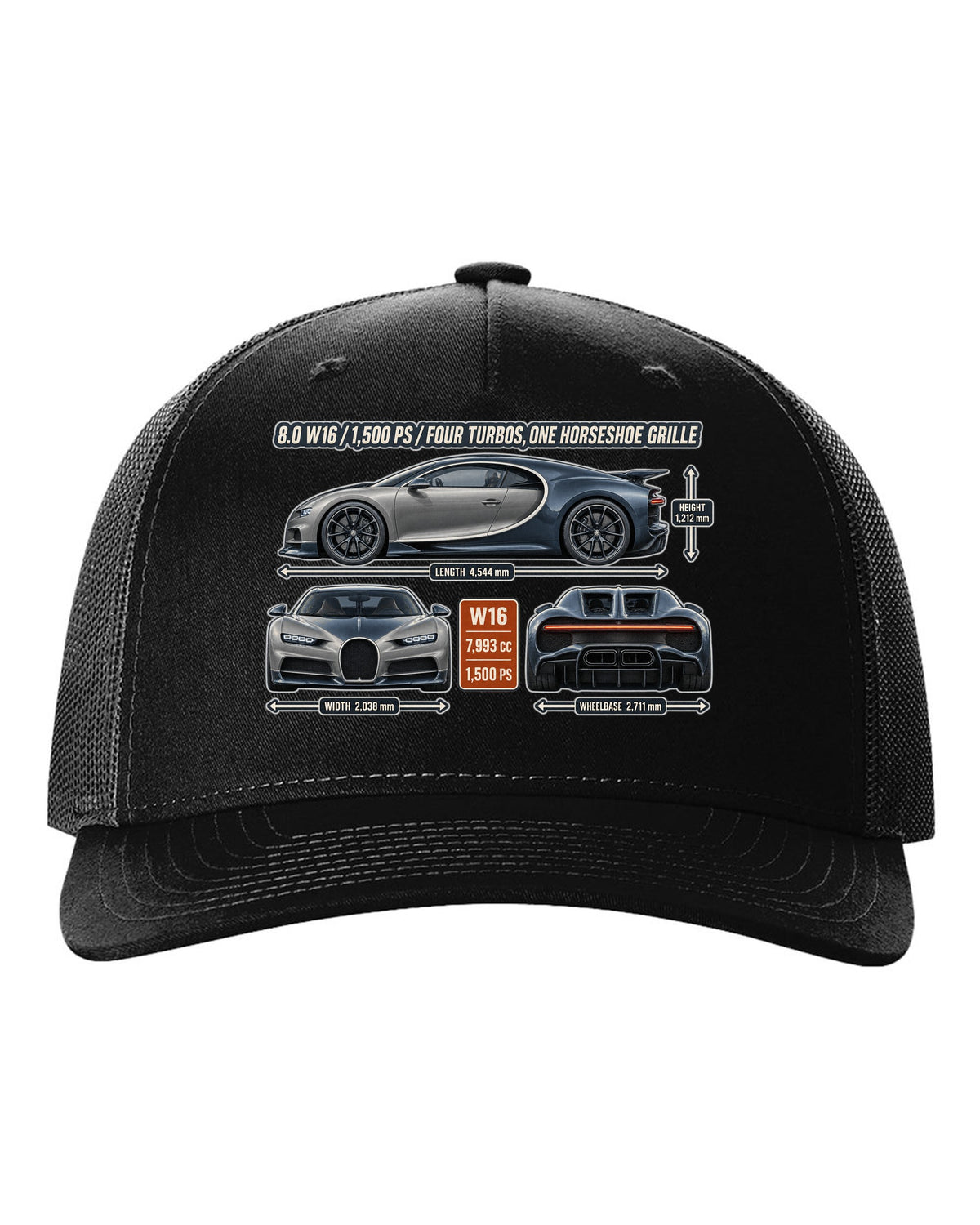 print three-view drawing with spec table of a Bugatti Chiron in slate blue black hat front view with the design