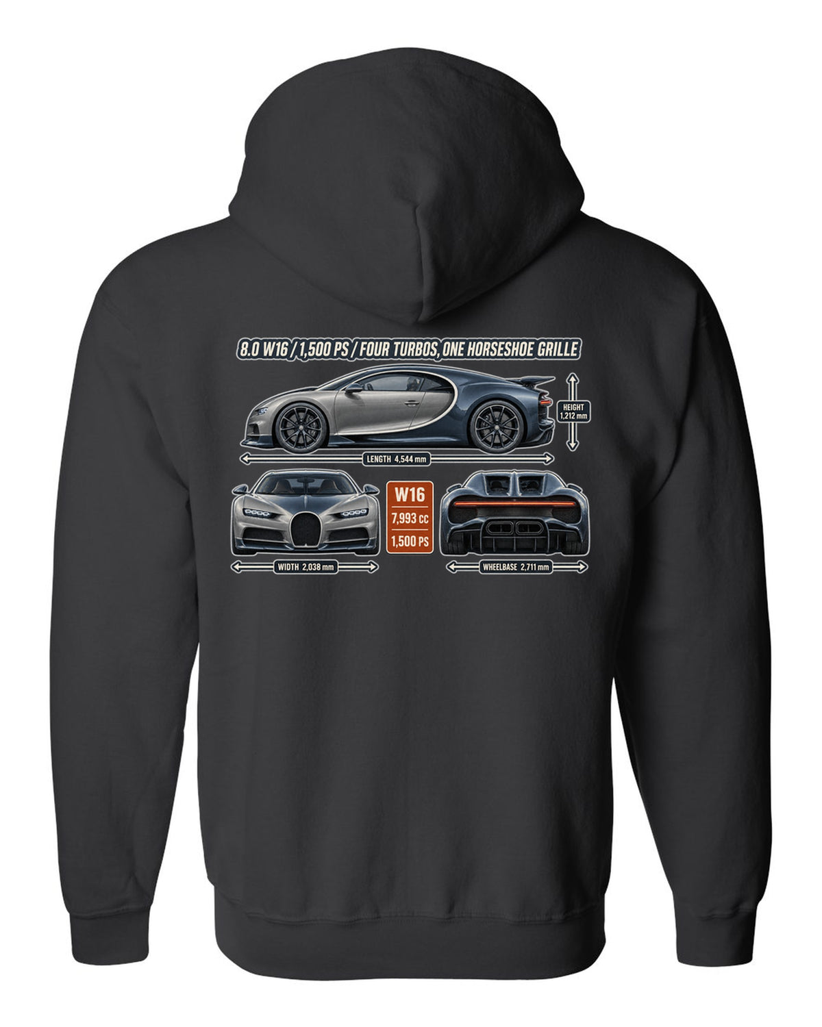 print three-view drawing with spec table of a Bugatti Chiron in slate blue black zip hoodie back view with the design