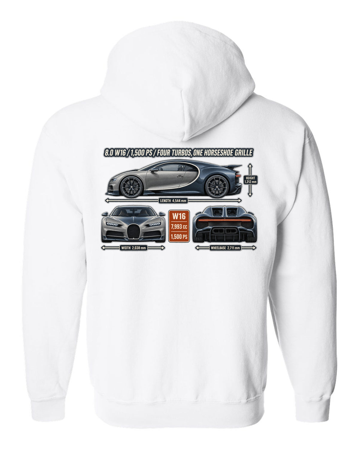 print three-view drawing with spec table of a Bugatti Chiron in slate blue white zip hoodie back view with the design