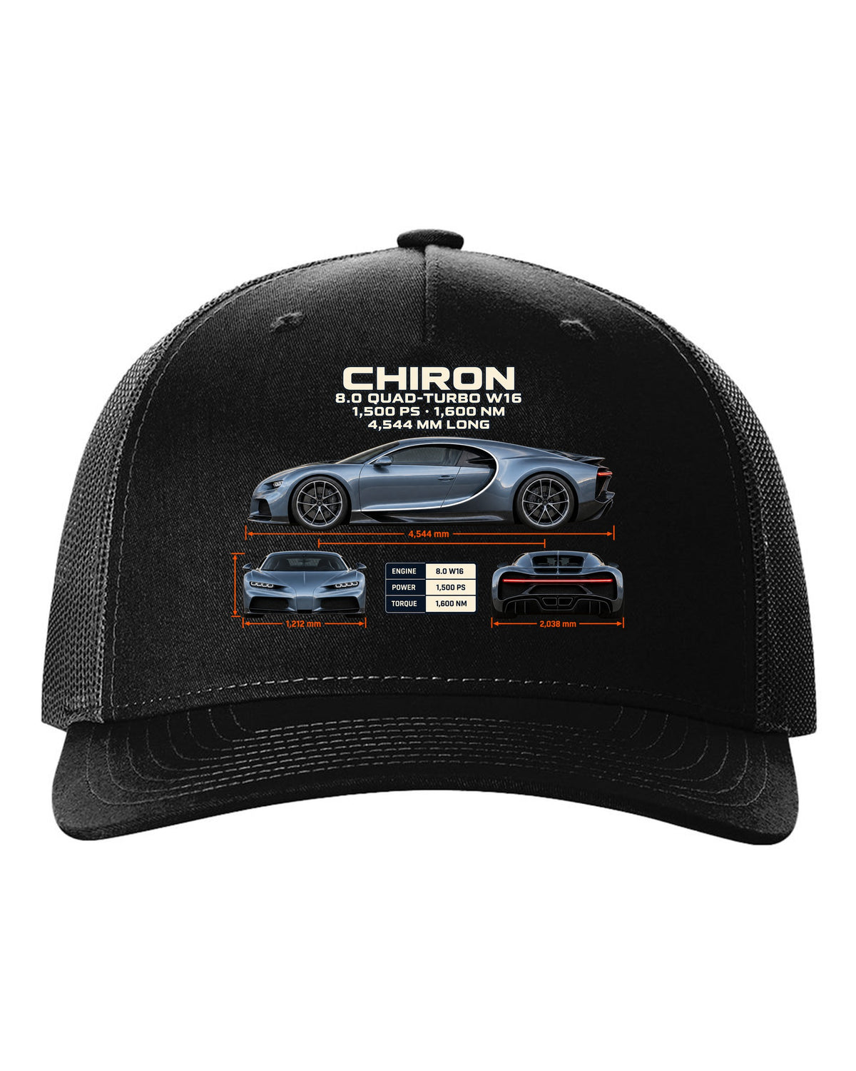 Three-view drawing and spec table of a Bugatti Chiron on the front of a tee black hat front view with the design