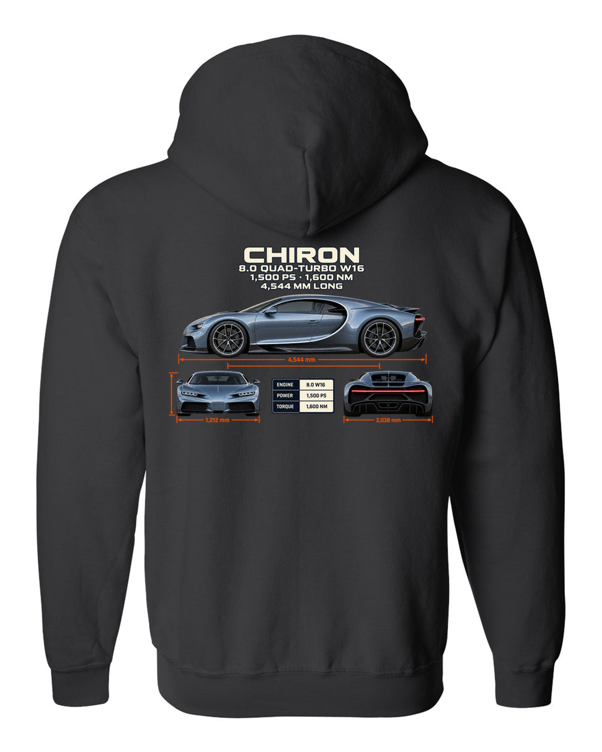 Three-view drawing and spec table of a Bugatti Chiron on the front of a tee black zip hoodie back view with the design