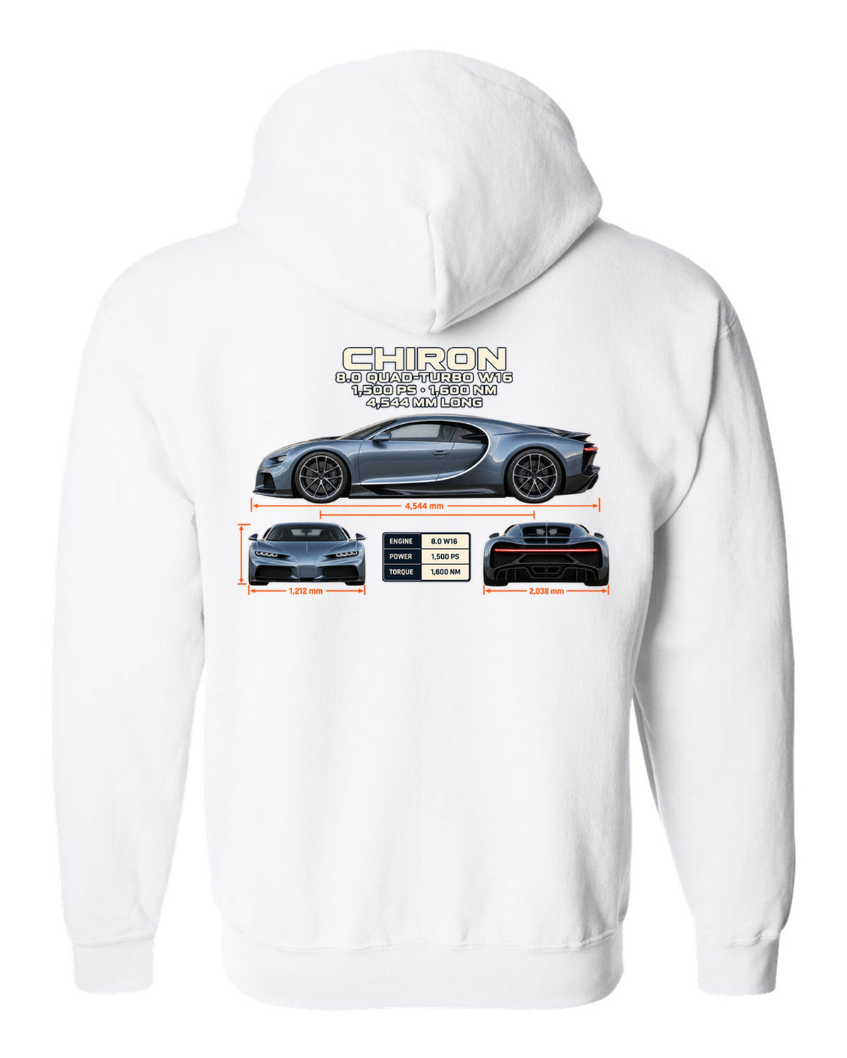 Three-view drawing and spec table of a Bugatti Chiron on the front of a tee white zip hoodie back view with the design