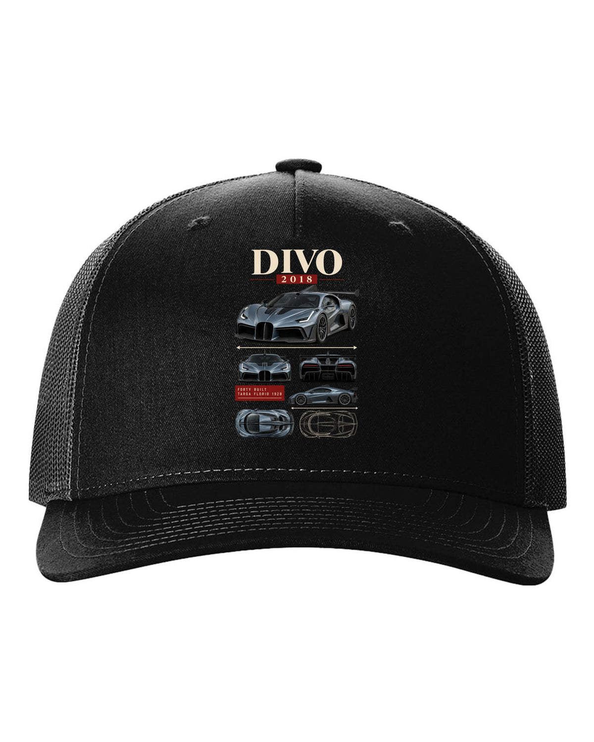 Archive panel design of the Bugatti Divo 2018 with Targa Florio 1928 text, print black hat front view with the design