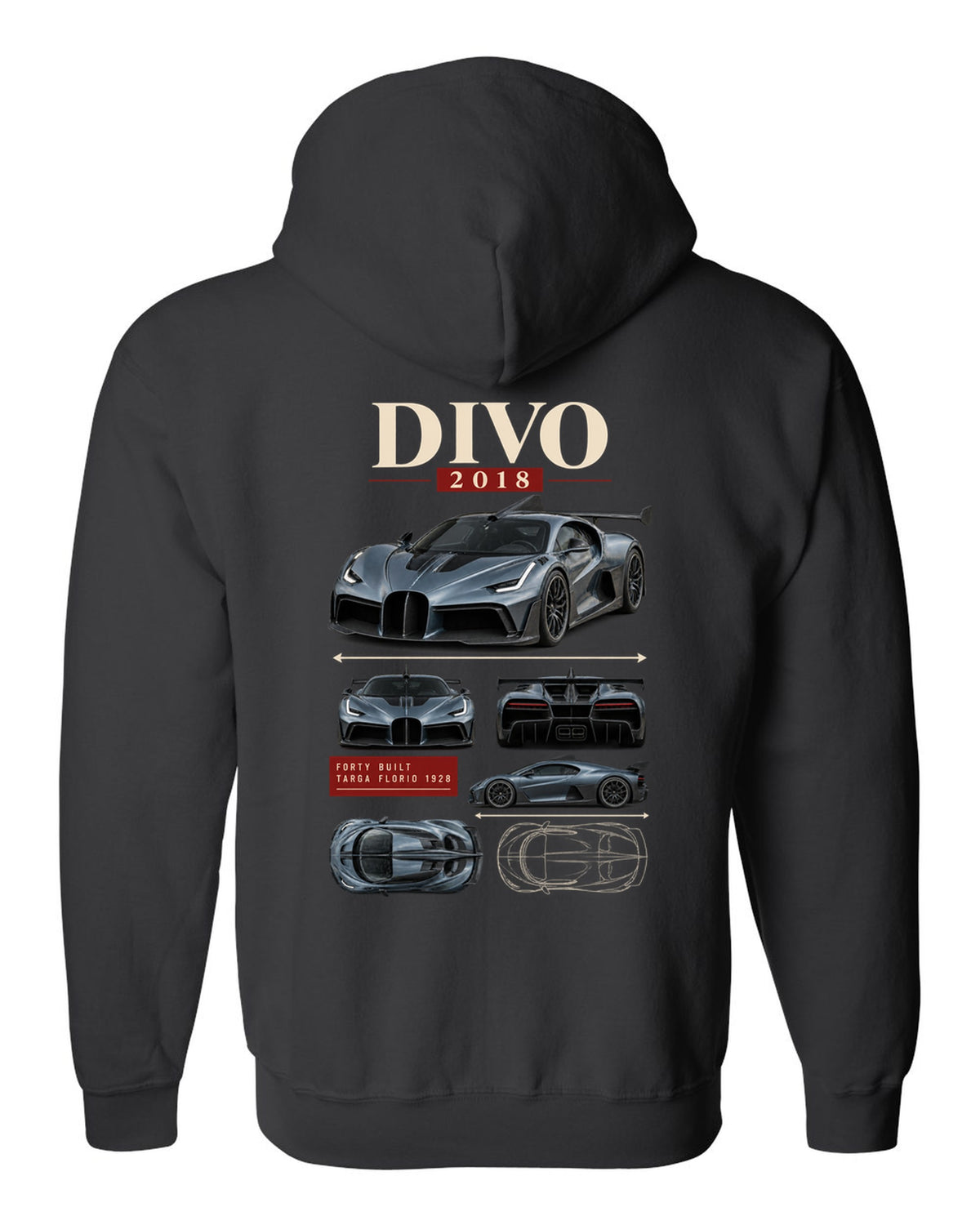 Archive panel design of the Bugatti Divo 2018 with Targa Florio 1928 text, print black zip hoodie back view with the design