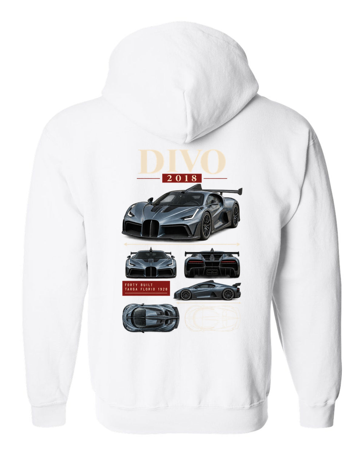 Archive panel design of the Bugatti Divo 2018 with Targa Florio 1928 text, print white zip hoodie back view with the design