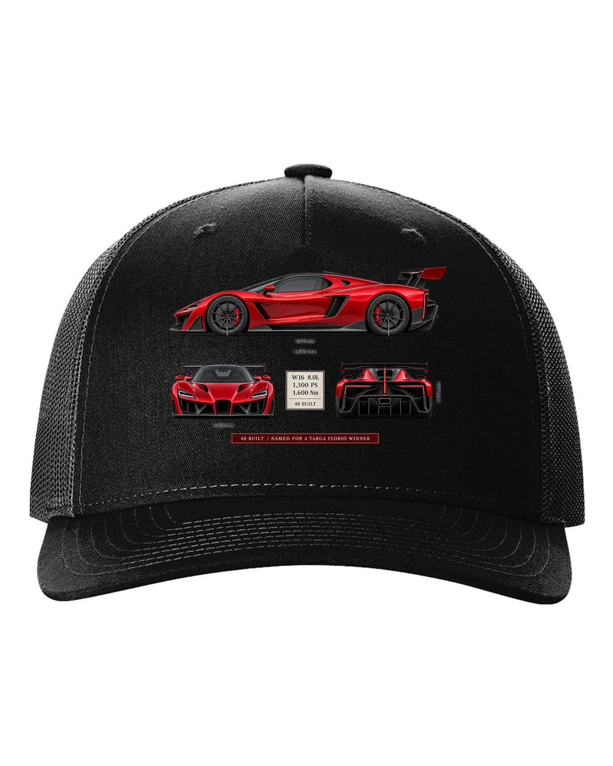 Bugatti Divo three-view print with spec table, 40 built black hat front view with the design