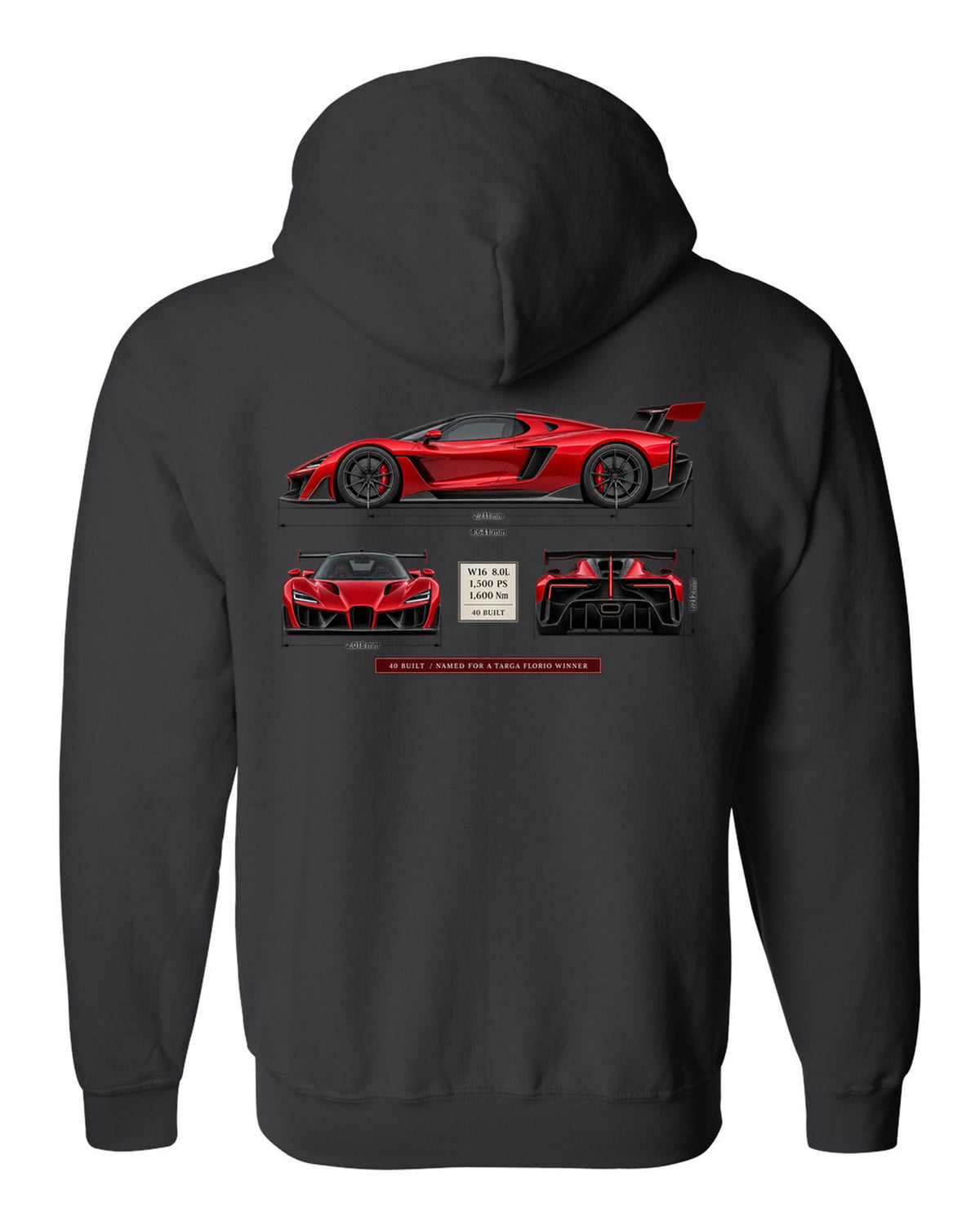 Bugatti Divo three-view print with spec table, 40 built black zip hoodie back view with the design