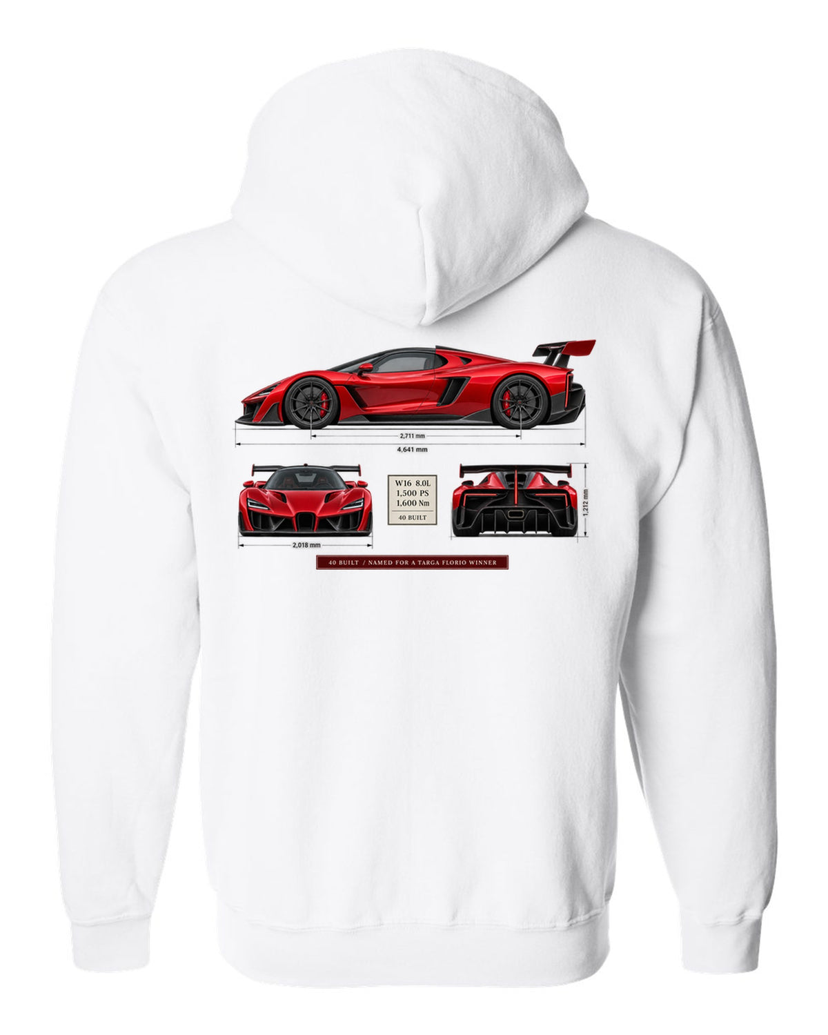 Bugatti Divo three-view print with spec table, 40 built white zip hoodie back view with the design