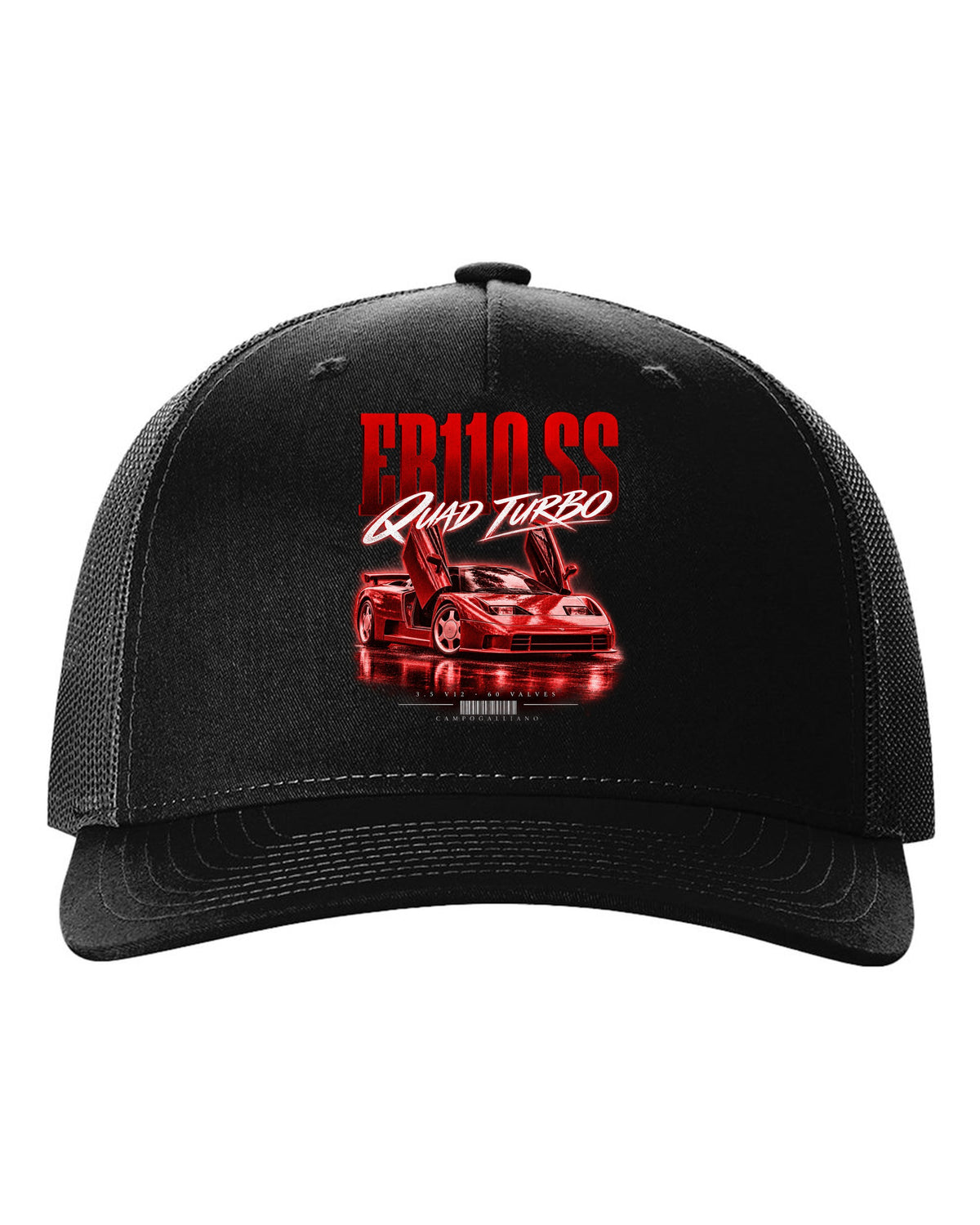 Bugatti EB110 SS 1992 street poster with quad turbo V12 text black hat front view with the design