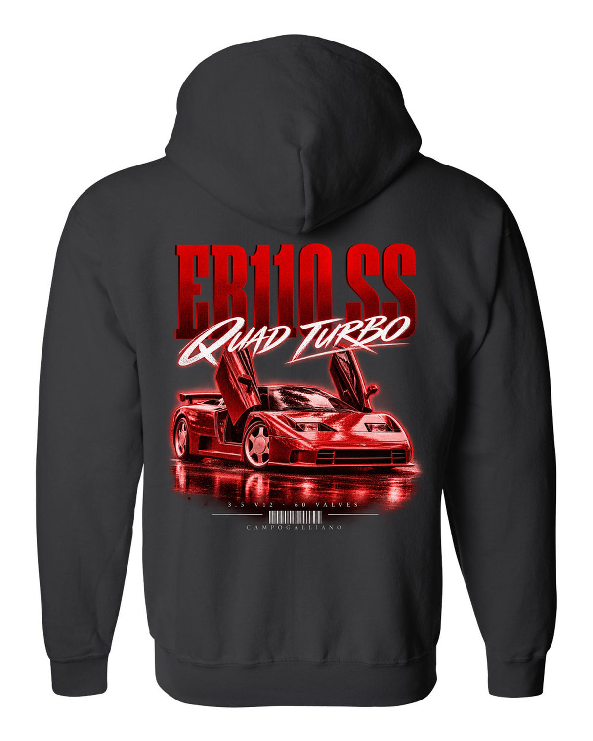 Bugatti EB110 SS 1992 street poster with quad turbo V12 text black zip hoodie back view with the design