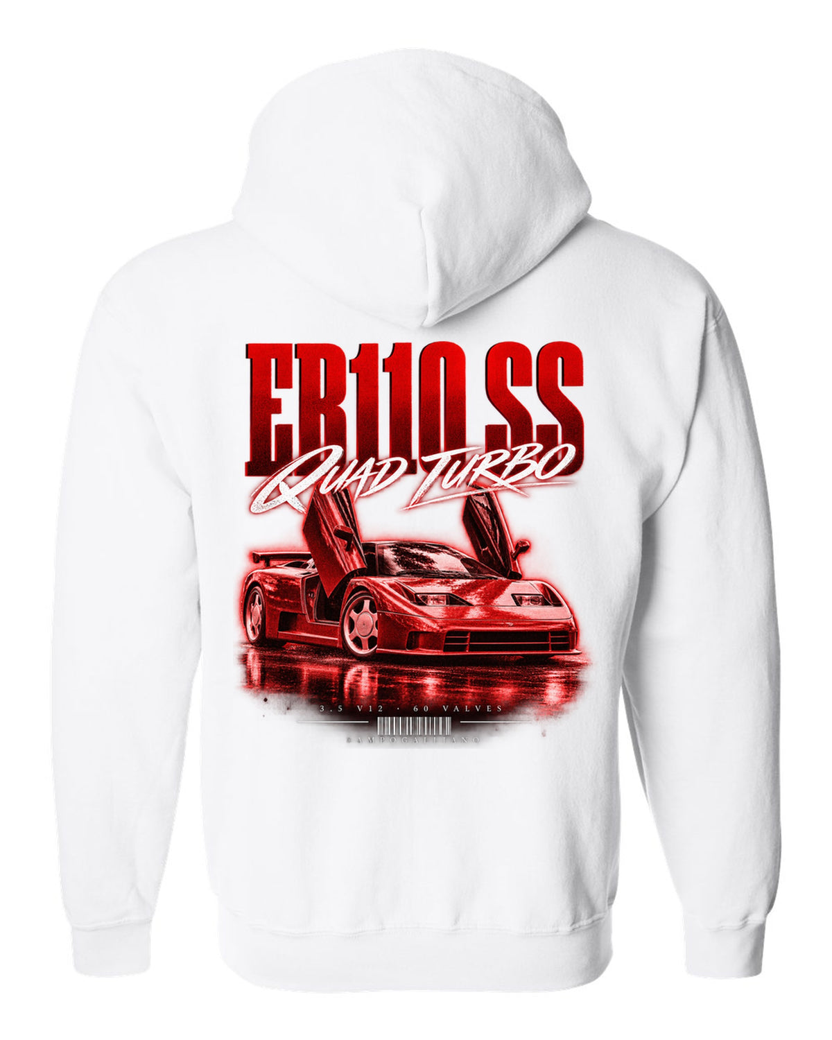 Bugatti EB110 SS 1992 street poster with quad turbo V12 text white zip hoodie back view with the design