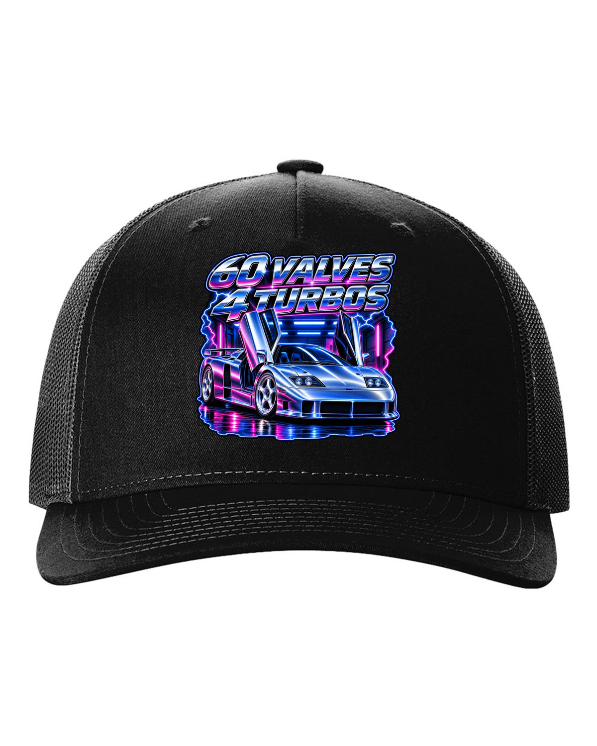 90s airbrush chrome print of a Bugatti EB110 SS with 60 valves and 4 turbos lettering black hat front view with the design