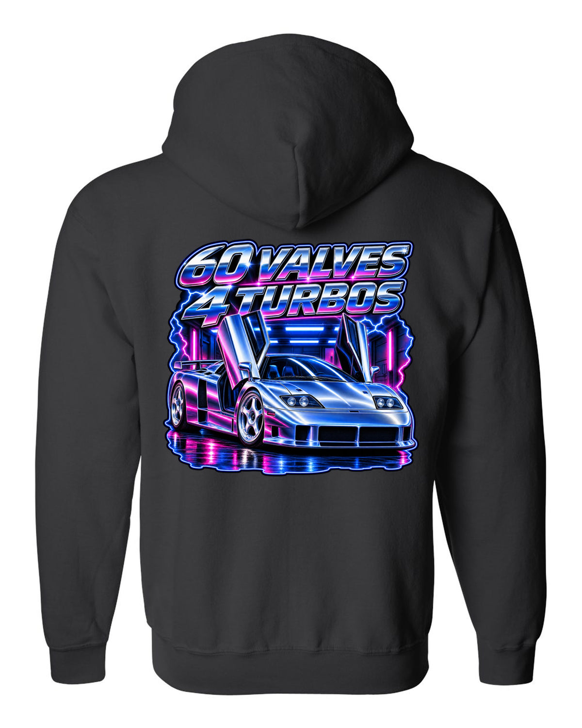 90s airbrush chrome print of a Bugatti EB110 SS with 60 valves and 4 turbos lettering black zip hoodie back view with the design