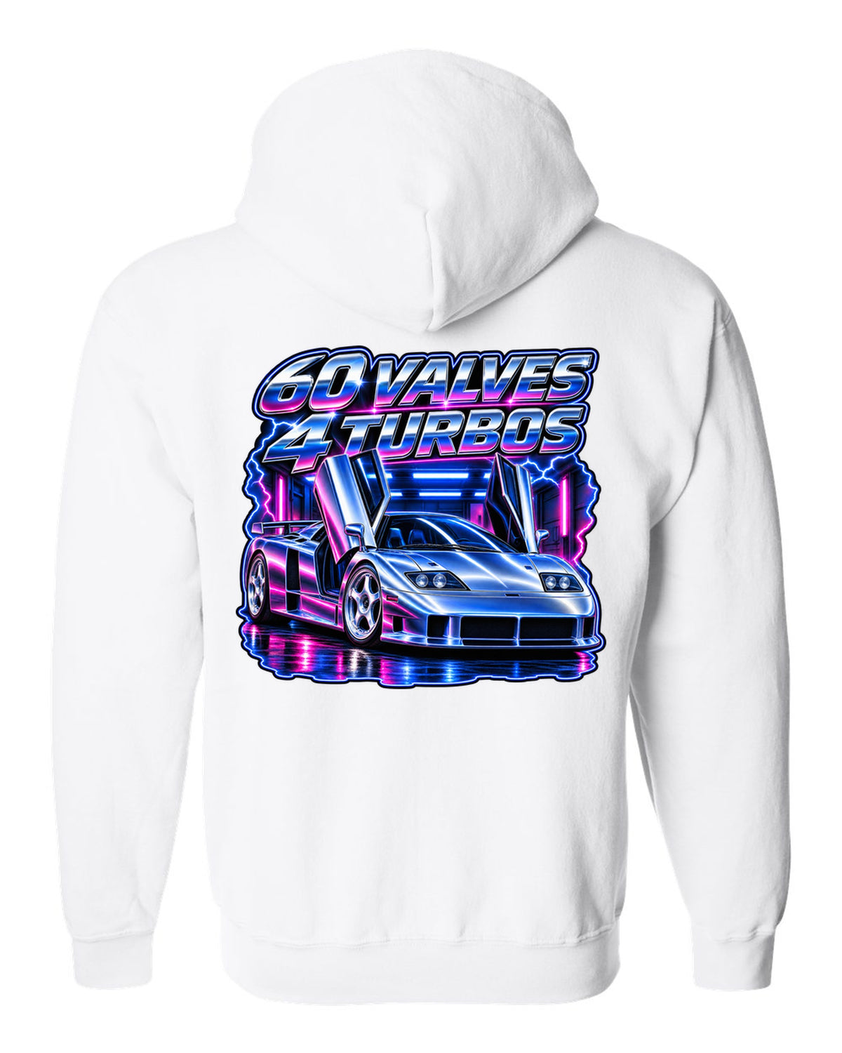 90s airbrush chrome print of a Bugatti EB110 SS with 60 valves and 4 turbos lettering white zip hoodie back view with the design