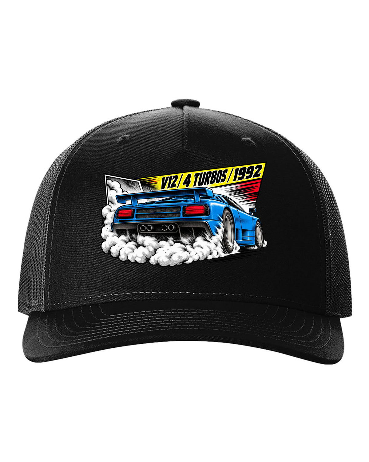Retro manga halftone panel of a Bugatti EB110 SS burnout with V12 4 TURBOS 1992 lettering black hat front view with the design