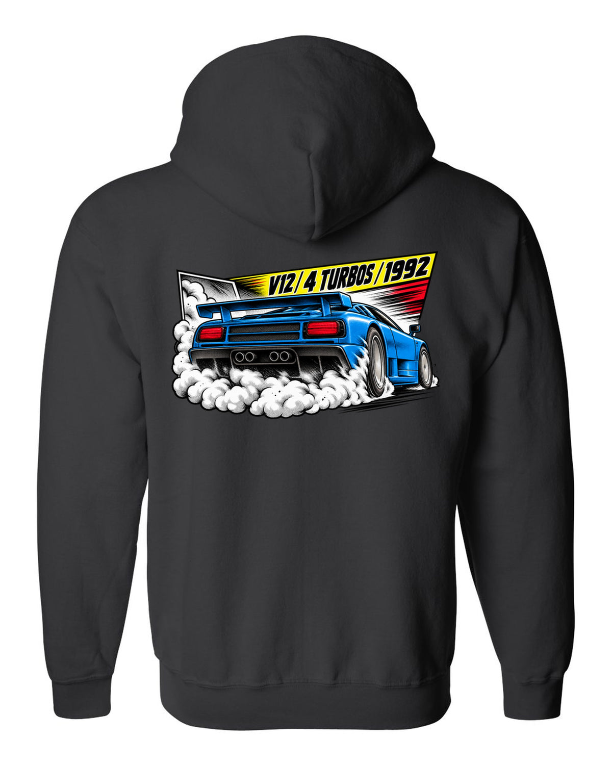 Retro manga halftone panel of a Bugatti EB110 SS burnout with V12 4 TURBOS 1992 lettering black zip hoodie back view with the design