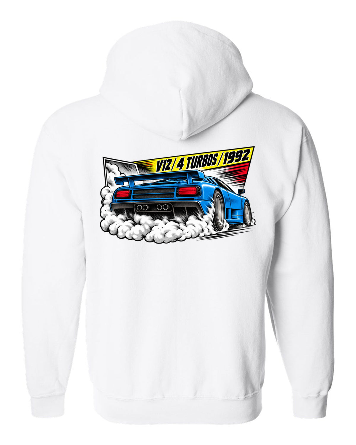 Retro manga halftone panel of a Bugatti EB110 SS burnout with V12 4 TURBOS 1992 lettering white zip hoodie back view with the design