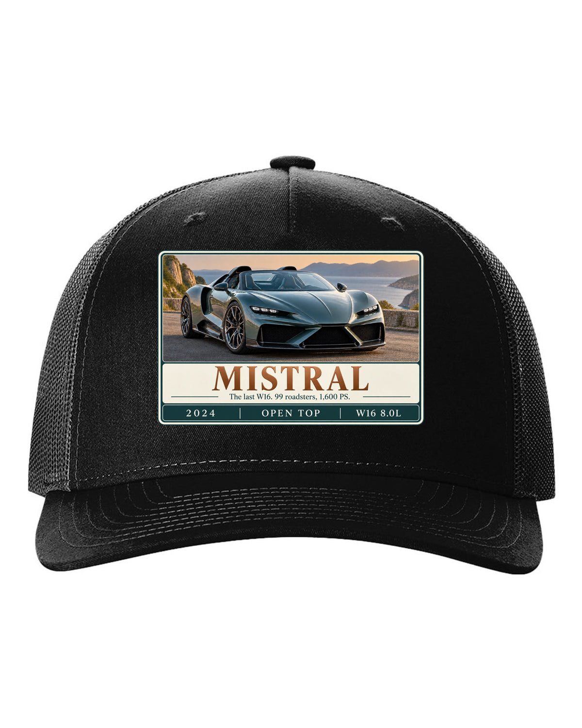 Bugatti Mistral roadster editorial headline print about the last W16 black hat front view with the design