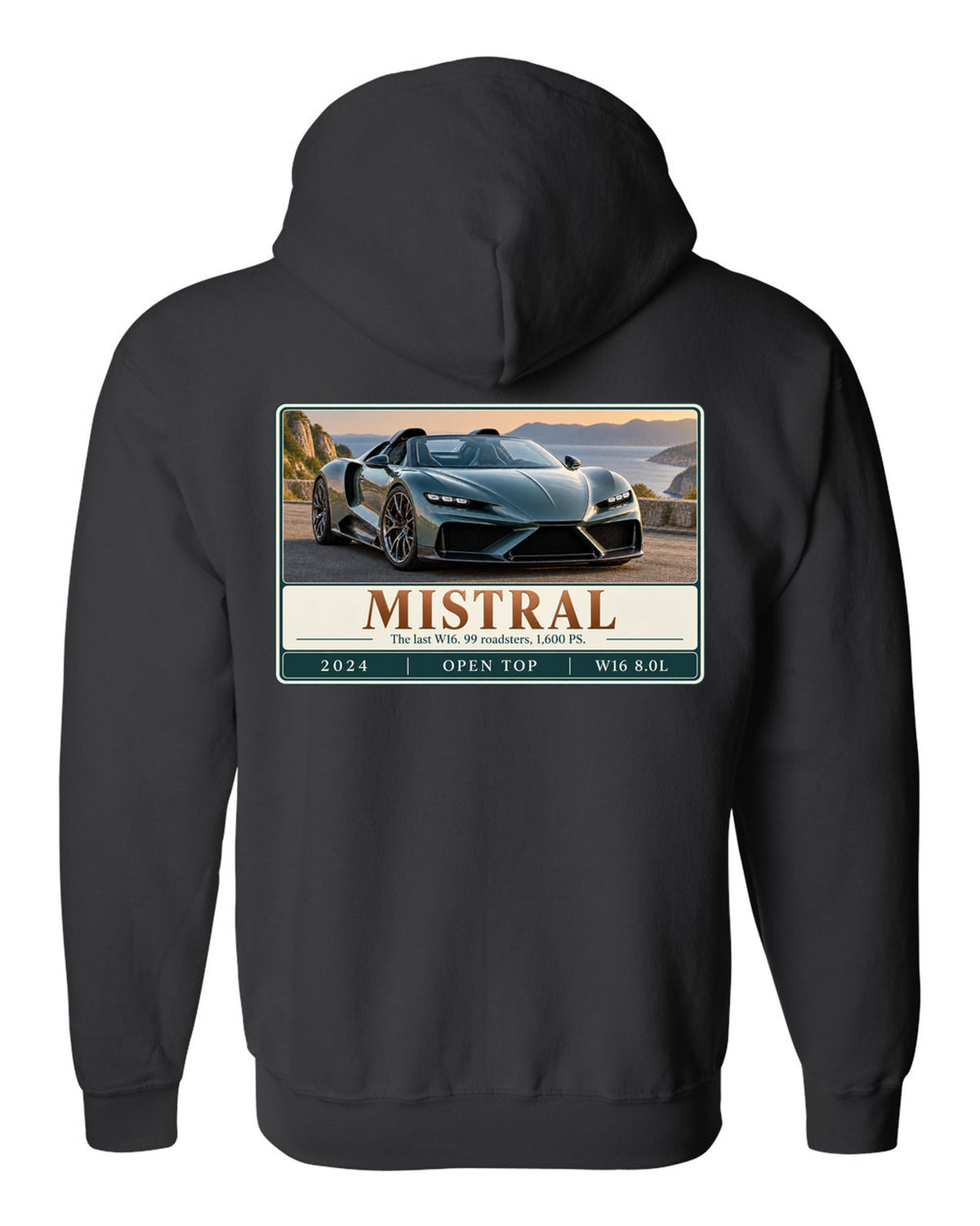 Bugatti Mistral roadster editorial headline print about the last W16 black zip hoodie back view with the design