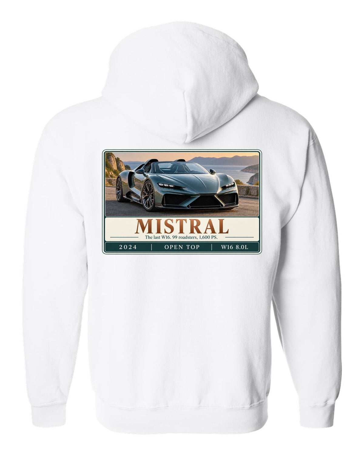 Bugatti Mistral roadster editorial headline print about the last W16 white zip hoodie back view with the design