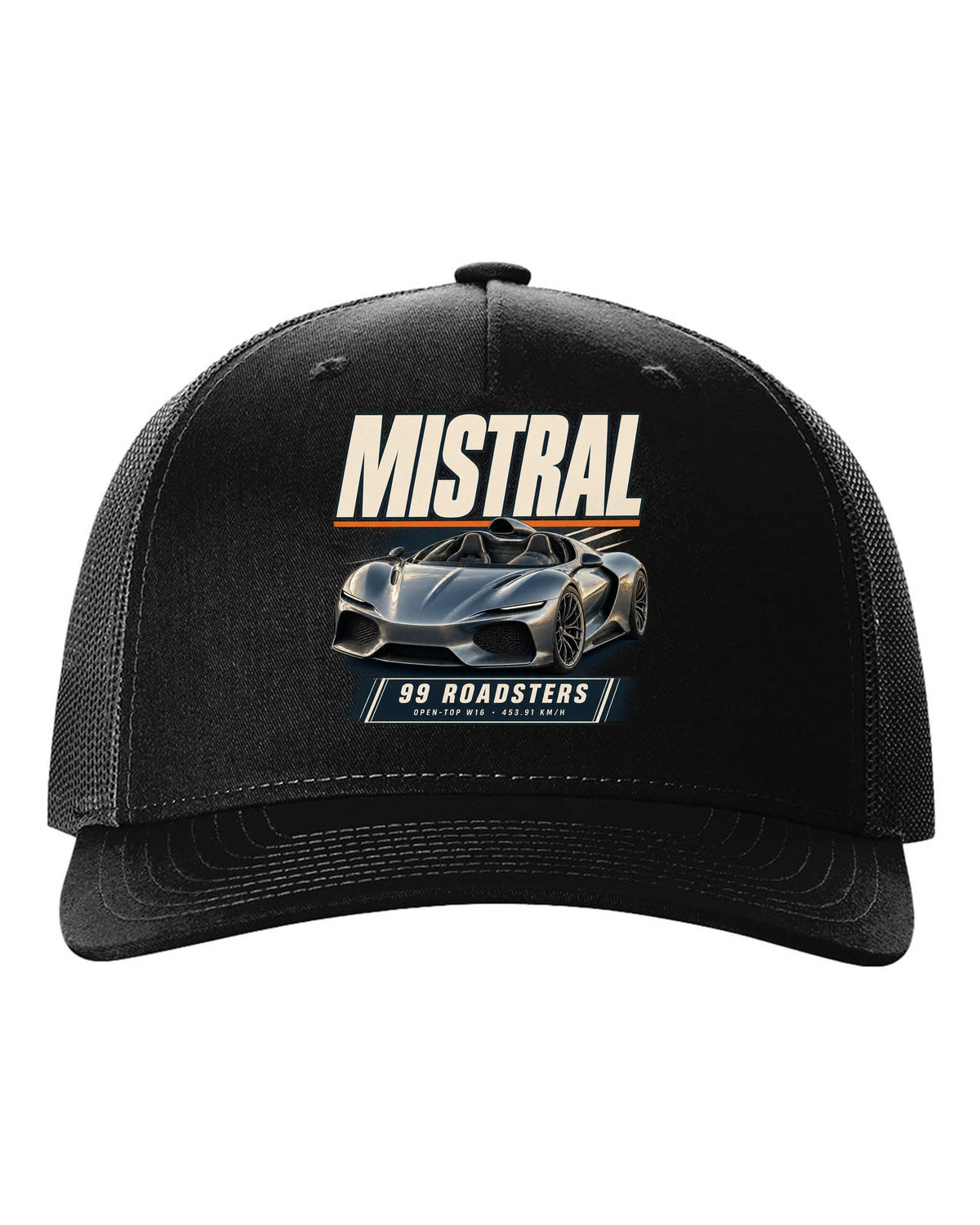 Editorial headline poster of the Bugatti Mistral open-top roadster, print black hat front view with the design