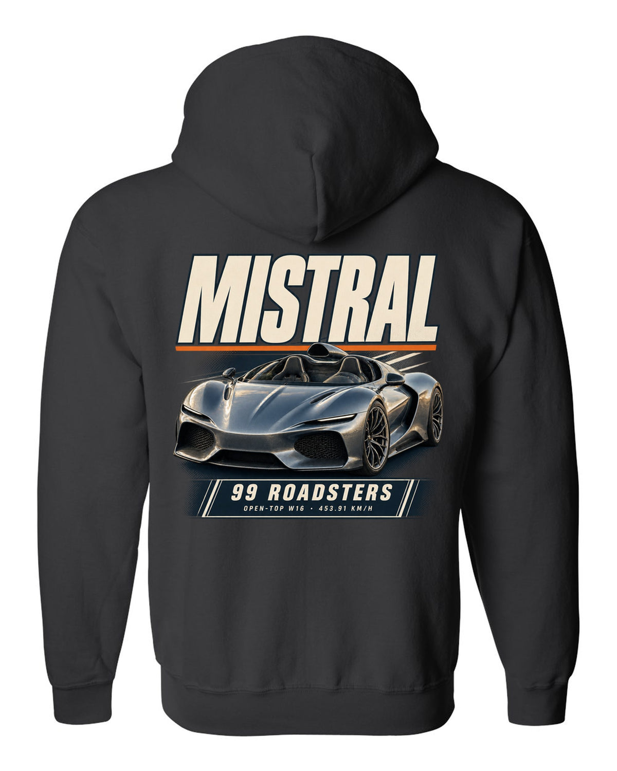 Editorial headline poster of the Bugatti Mistral open-top roadster, print black zip hoodie back view with the design