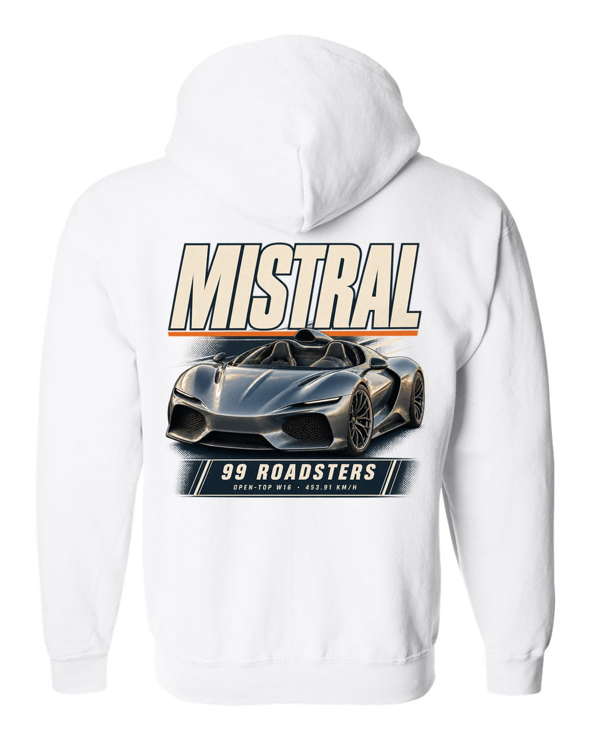 Editorial headline poster of the Bugatti Mistral open-top roadster, print white zip hoodie back view with the design