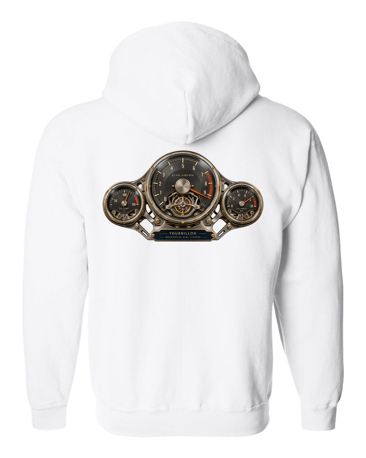 Cockpit and mechanical dial cluster of the Bugatti Tourbillon, print white zip hoodie back view with the design