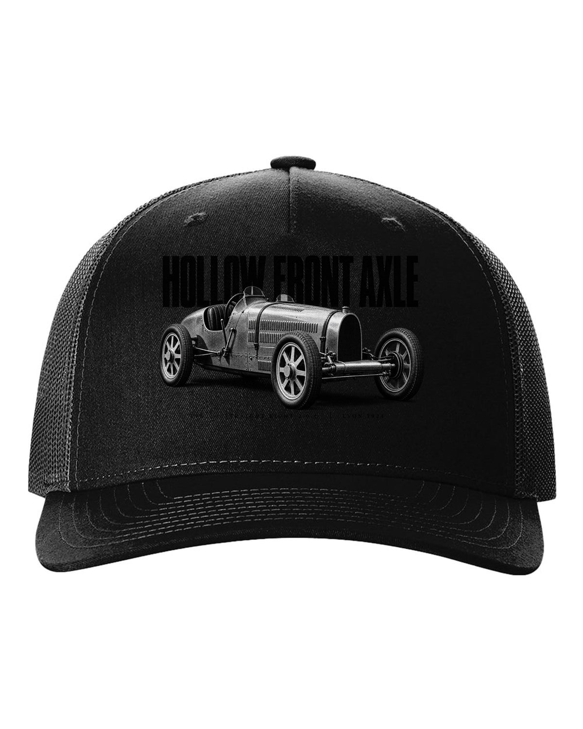Bugatti Type 35 1924 hollow axle halftone print black hat front view with the design